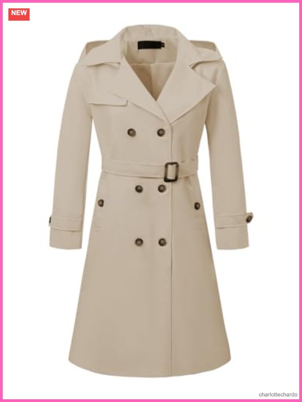 Women's Double Breasted Long Trench Coat with Detachable Hood, Notch Lapel,